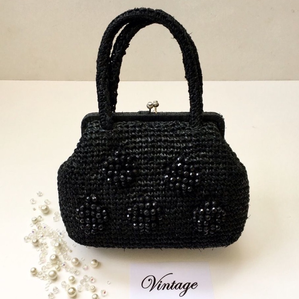 Vintage Black 2 Handle Straw Purse, Classic 50s 60s Ladies Handbag, Bead…